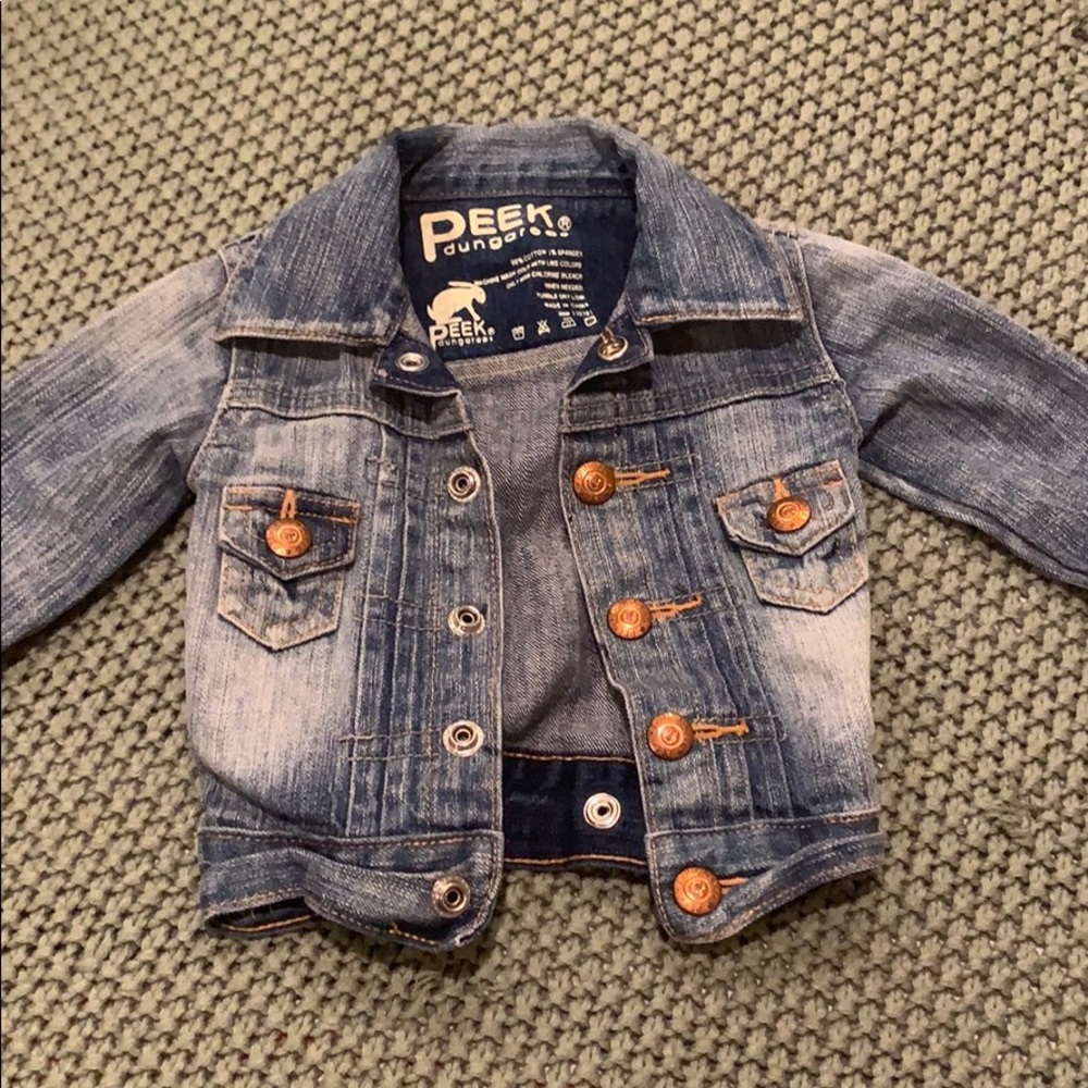 Peek denim jacket 3-6 mo but can fit larger